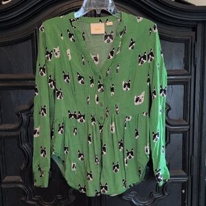 Maeve Green Blouse with Dog Design